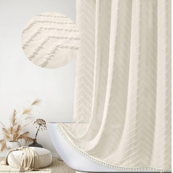 Boho Shower Curtain 72 x 85 Cream Tufted Chenille Chevron Hardware Farmhouse NEW - Picture 1 of 14